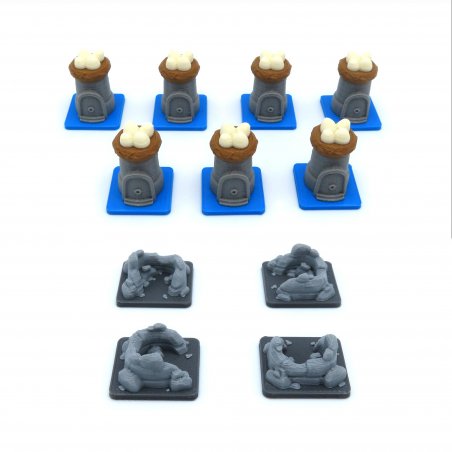 Deluxe components for Root board game. Eyrie dynasties roost buildings 3D and vagabond ruins