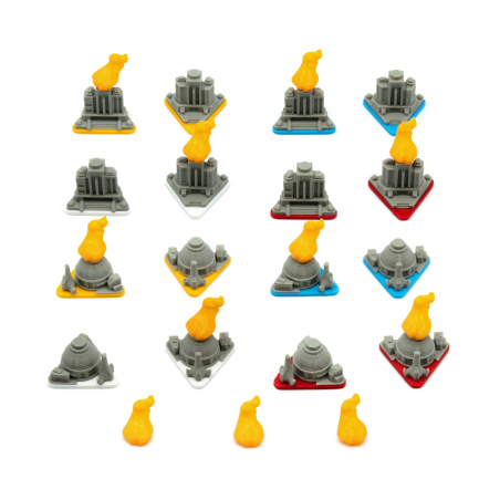 Miniaturas de ciudades y puertos estelares para el juego Arcs. Con tokens de fuego como indicadores de daño.