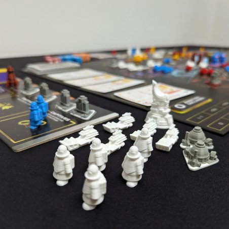 Agent tokens, ship miniatures, city figures and flagship models for the board game Arcs.