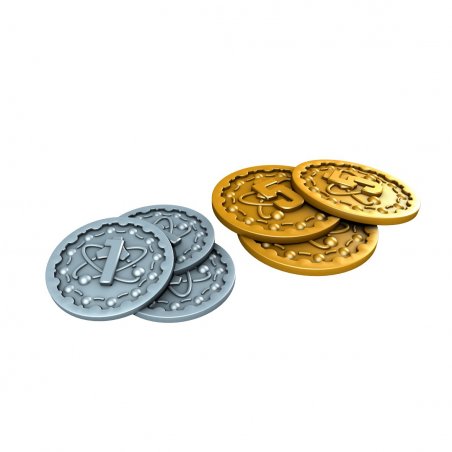 Metallic coins for Nucleum board game. 65 Finely crafted metal pieces to dramatically enhance immersion in the world of Nucleum