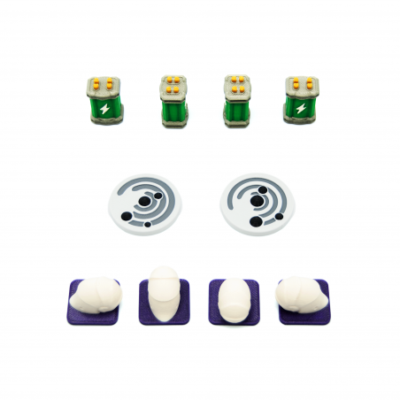 Upgrade components for board game SETI. Energy tokens, solar system rotation tokens and exofossil pieces