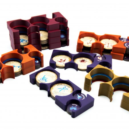 Blood on the Clocktower token organizer trays with character tokens and reminder tokens