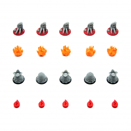 Deluxe 3D printed pieces compatible with Nemesis Retaliation. Dead bodies, fire marker tokens, alien eggs and health trackers