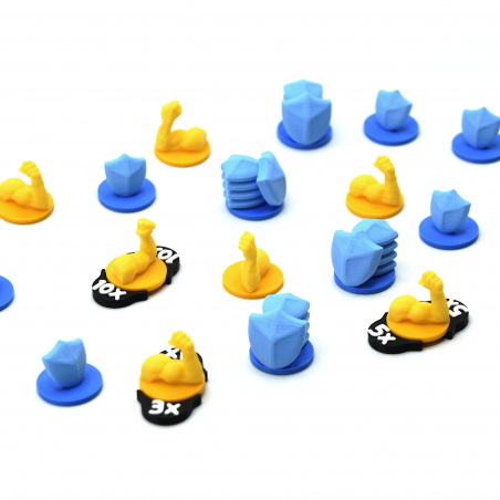 Set of 3D pieces compatible with the board game Slay The Spire. Upgrade accessory. Strength and Block / Shield tokens