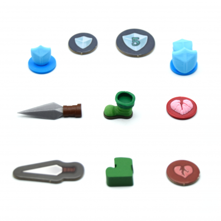 Tokens 3D de bota, navaja, débil y bloqueo compatibles con Slay the Spire. Set de 104 piezas.