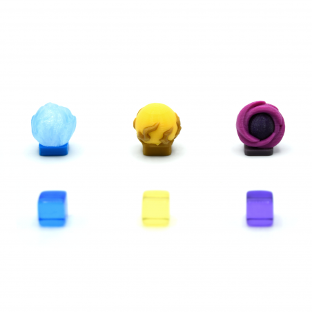 Tokens 3D de Orbes compatibles con Slay the Spire. Relámpago, escarcha y oscuridad.