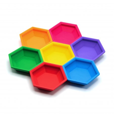 Accesorios deluxe para juegos de mesa. Cuencos apilables multicolor con separadores para tokens, dados y otras piezas