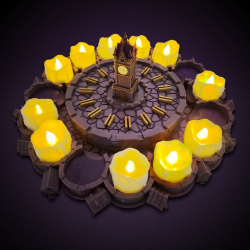 Plaza del Pueblo 3D compatible con Blood on the Clocktower utilizando velas LED para una experiencia de juego más inmersiva