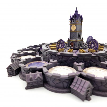 Detailed 3D Town Square upgrade for Blood on the Clocktower showing player token slots and central clock tower