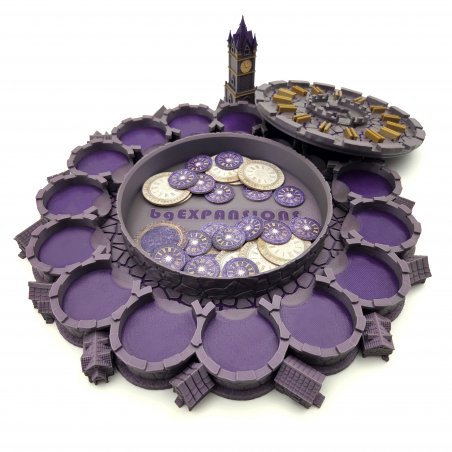 Removable clock tower and built-in storage compartment for tokens and accessories. Blood on the Clocktower